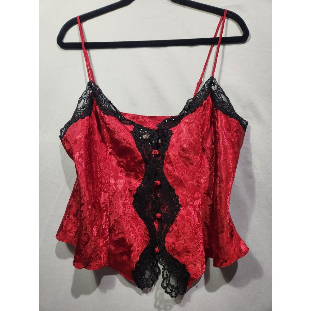 Y2K Victorias Secret Gold Label Button-Up Slip Tank Top Red Lace Lingerie Large